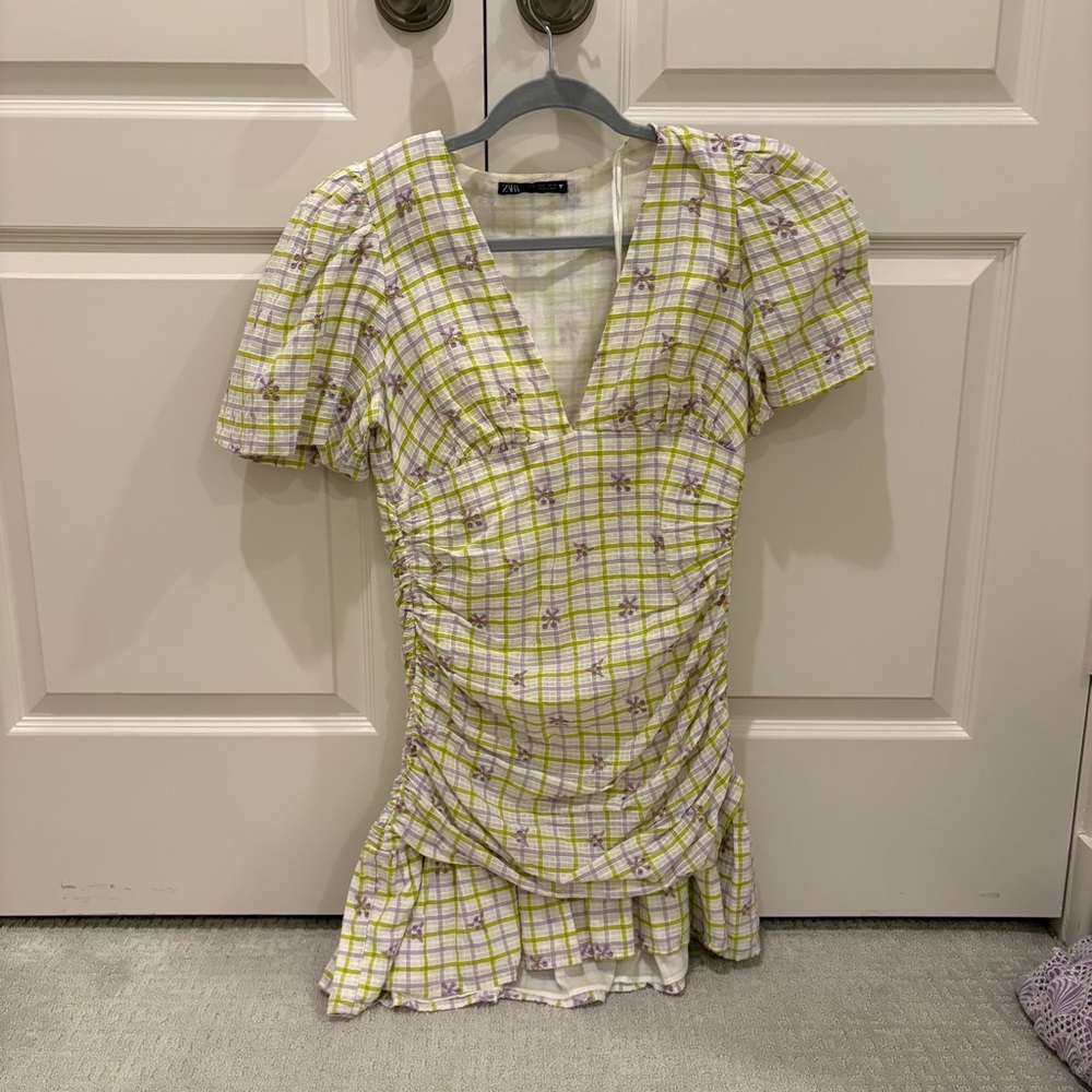 Zara Yellow and Purple Checkered Cinched Dress